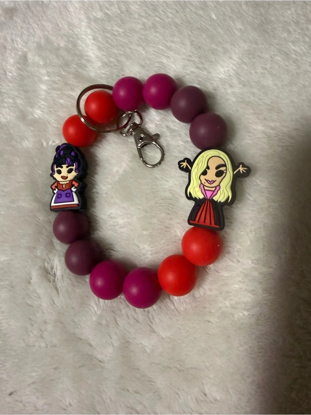 Beaded Wrist Keyring with Character Charms - Pink, Purple & Red